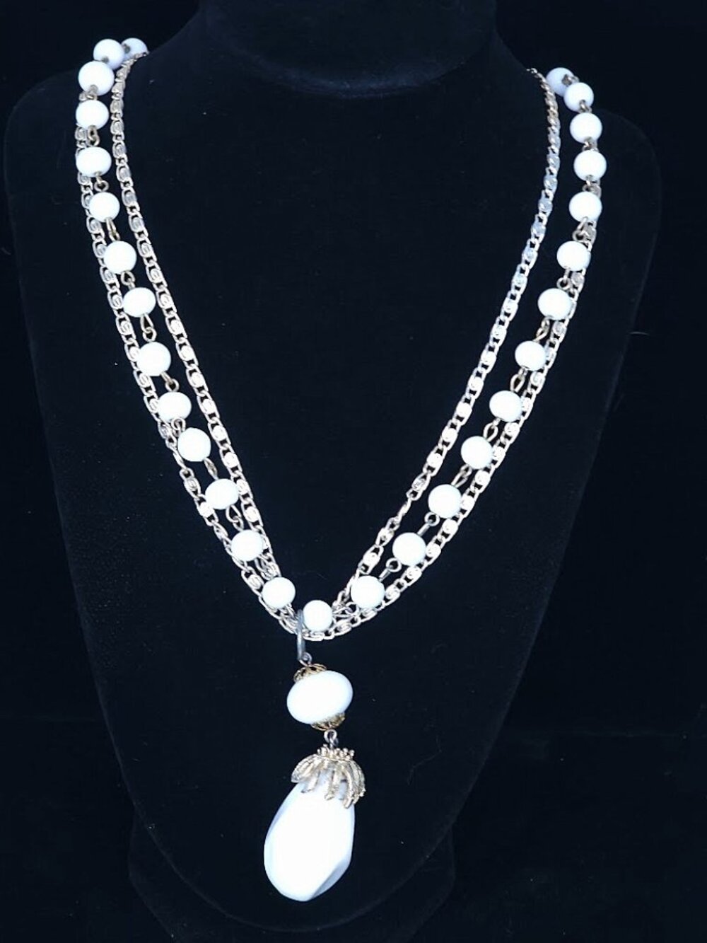 Vintage Multi-Strand White Beaded Statement Necklace with Teardrop Pendant